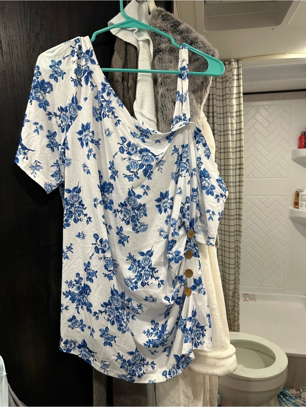 White & Blue Floral One-Shoulder Top
